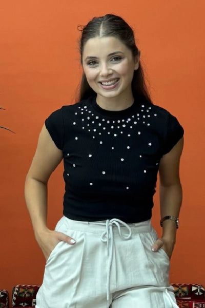Taşlı Siyah Crop